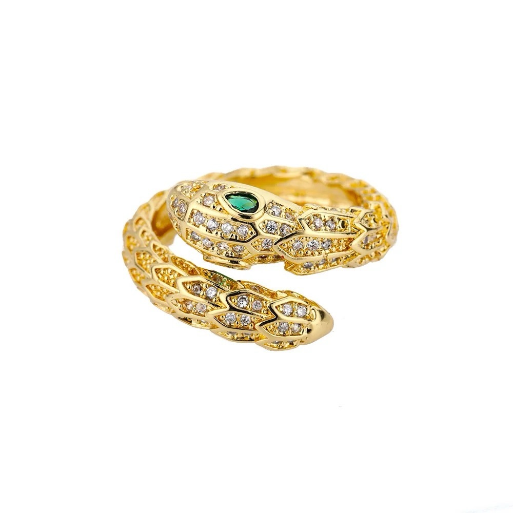 Gold-Tone Double Snake Ring with Green Accent